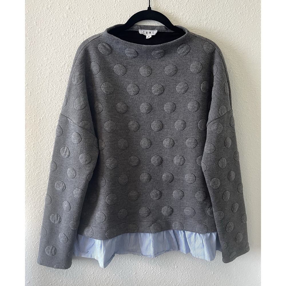 THML Women's Sweater Size Med Raised Polka Dot Ruffle Hem Preppy Mock Neck
